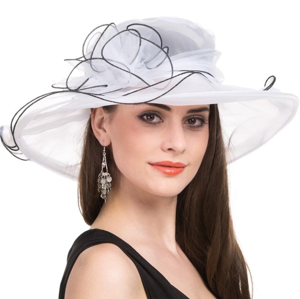 Elegant White Wide-Brim Organza Hat with Black Trim - Picture 2 of 8